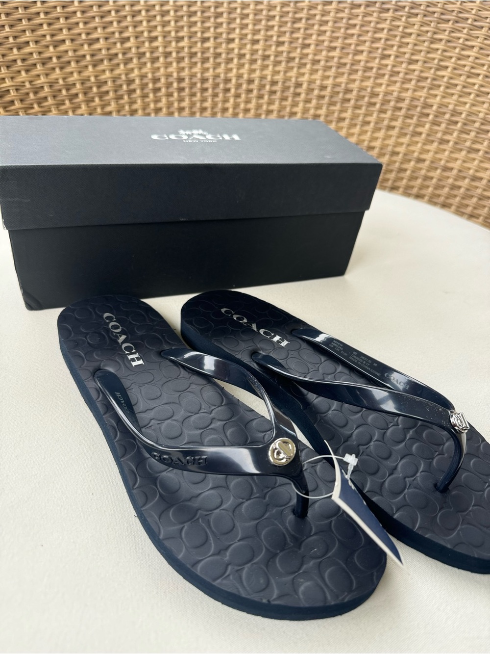 Coach Women’s Size 8 Navy Flip Flop Sandals with Silver Logo Charm